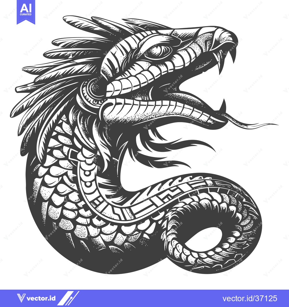Premium Vector of Detailed Black and White Illustration of a Feathered Serpent