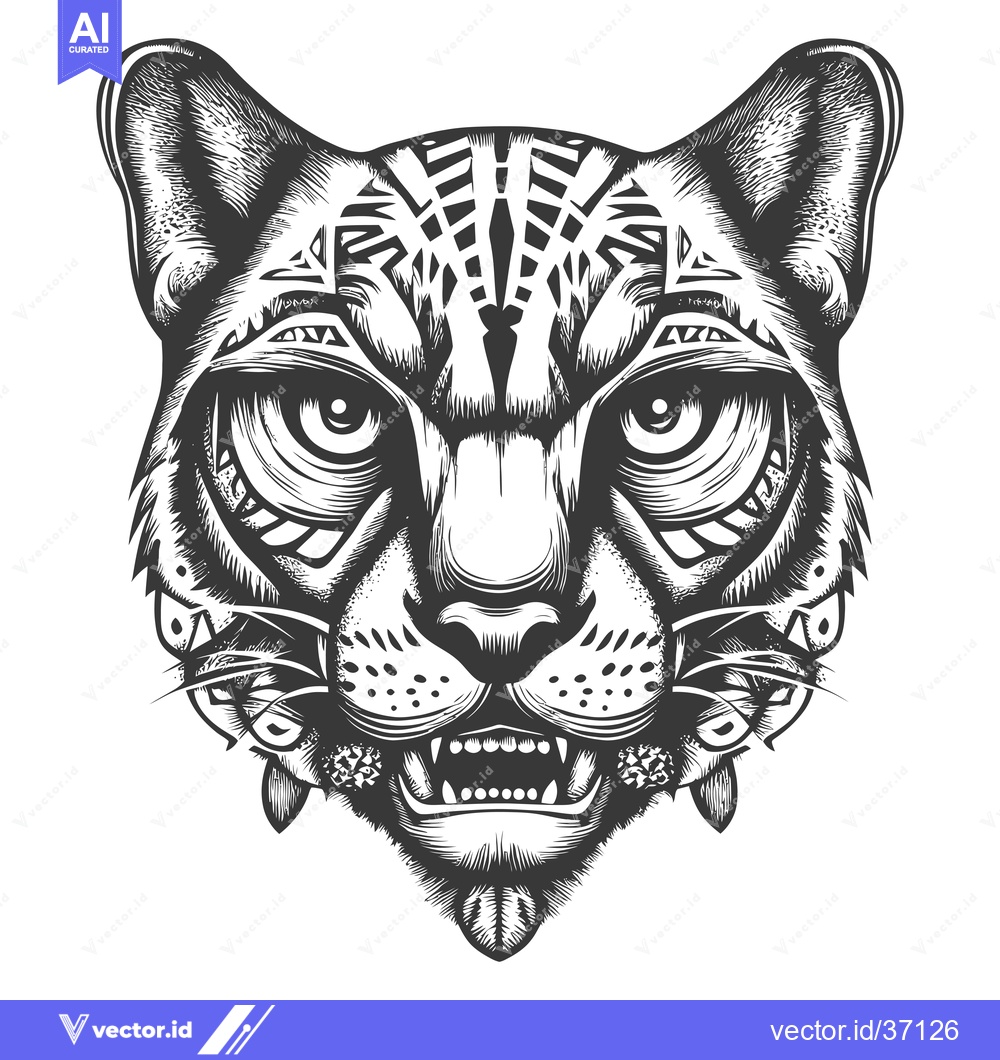 Premium Vector of Detailed Black and White Illustration of a Ferocious Cat's Head
