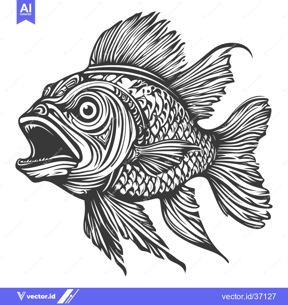 Premium Vector dari Detailed Black and White Illustration of a Fish with an Open Mouth