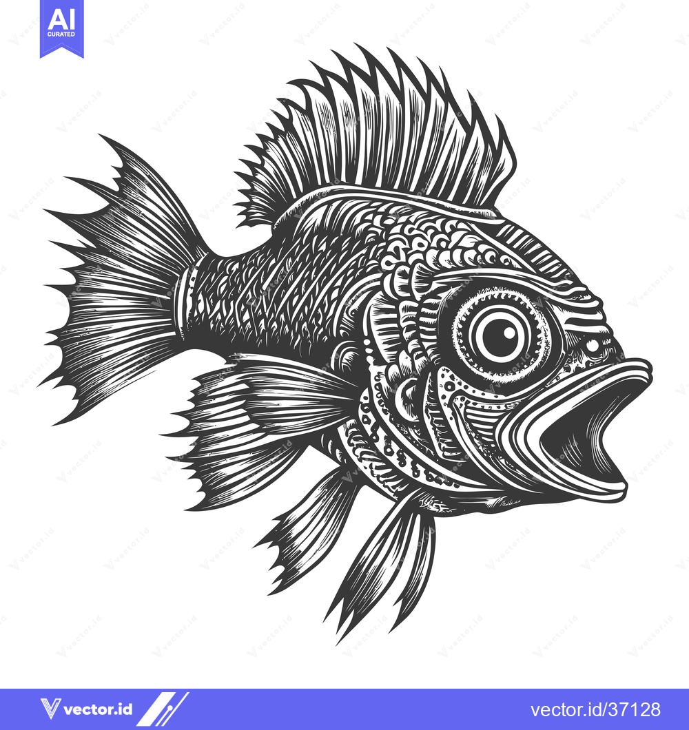 Premium Vector of Detailed Black and White Illustration of a Fish with Open Mouth and Fi