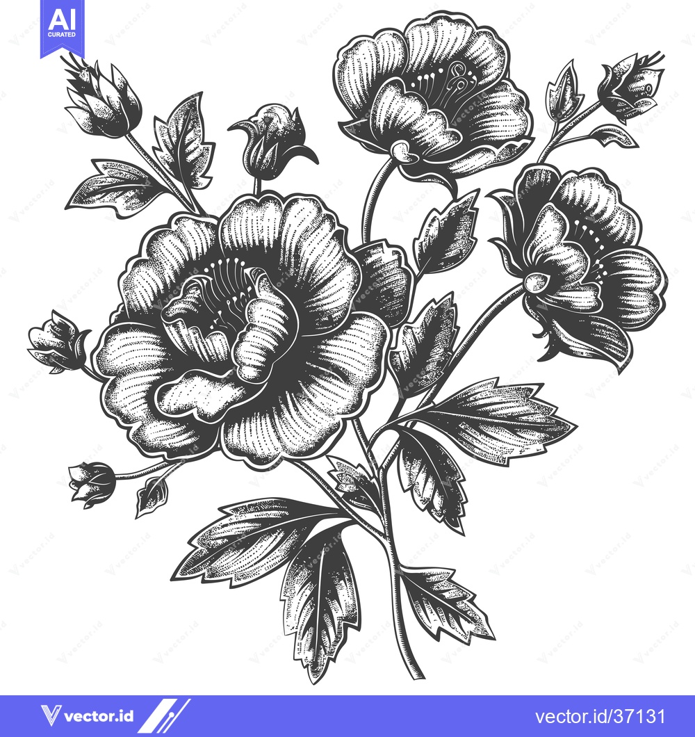 Premium Vector dari Detailed Black and White Illustration of a Floral Branch with Blooms a