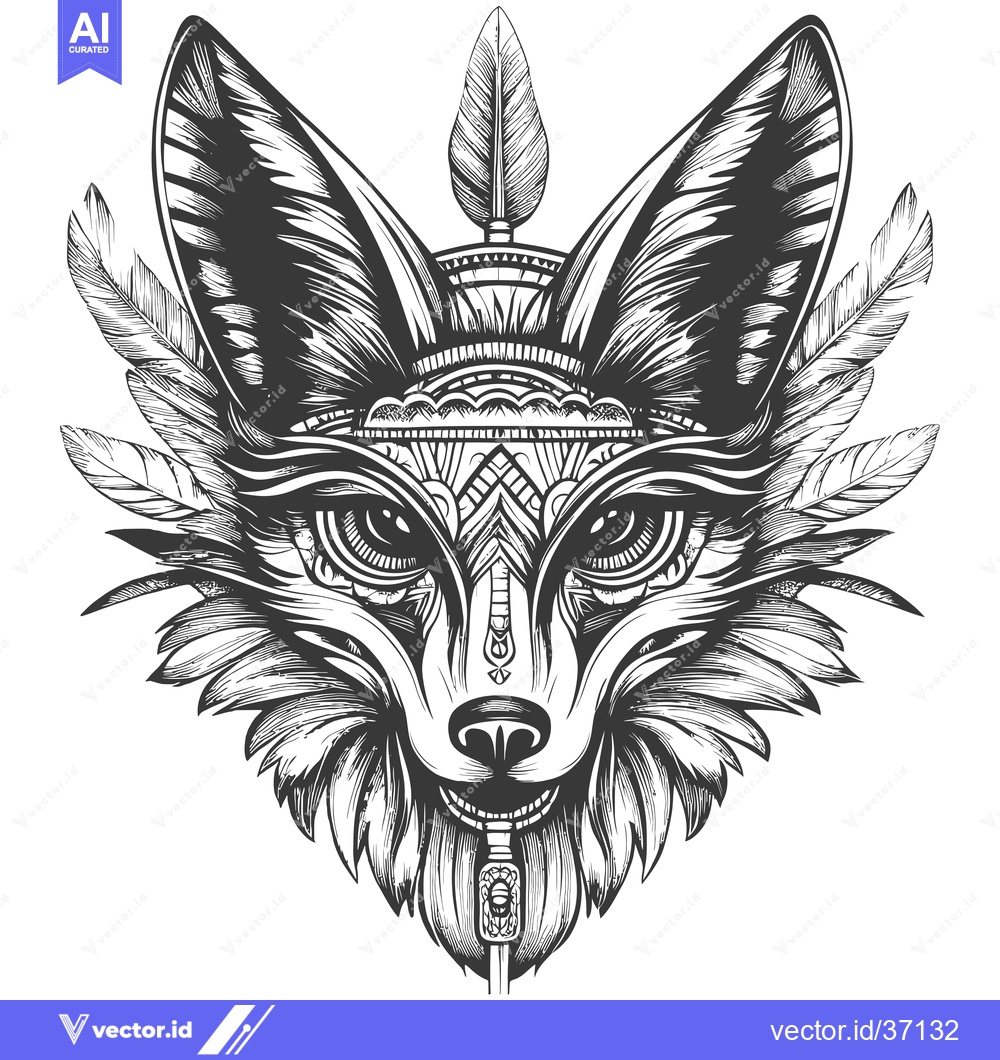 Premium Vector of Detailed Black and White Illustration of a Fox Head with Feathers and
