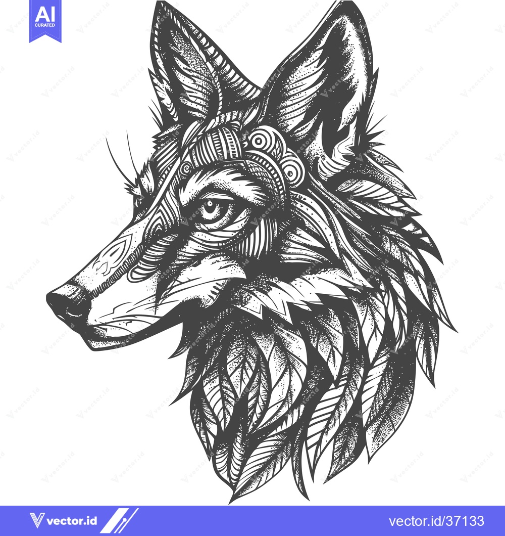 Premium Vector of Detailed Black and White Illustration of a Fox Head with Ornate Design