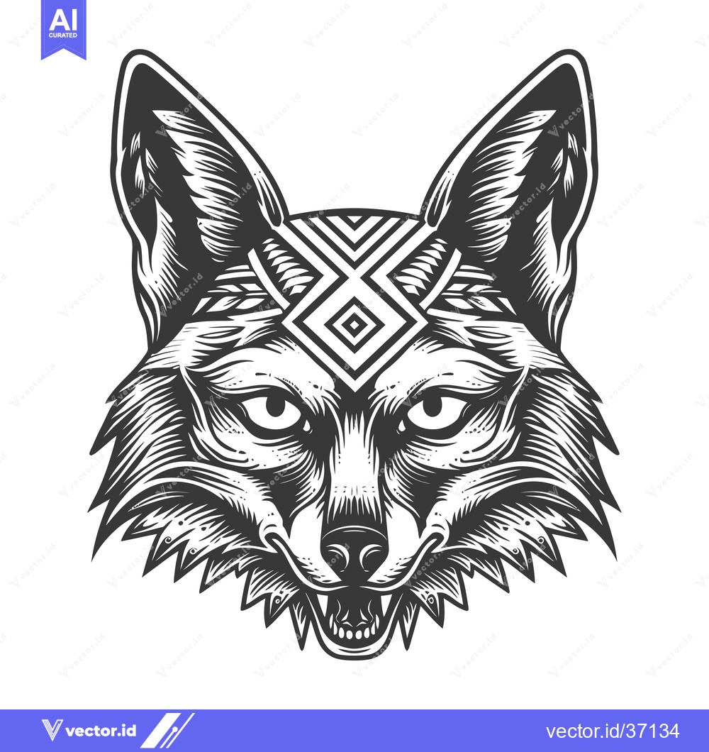 Premium Vector dari Detailed Black and White Illustration of a Fox Head with Tribal Markin