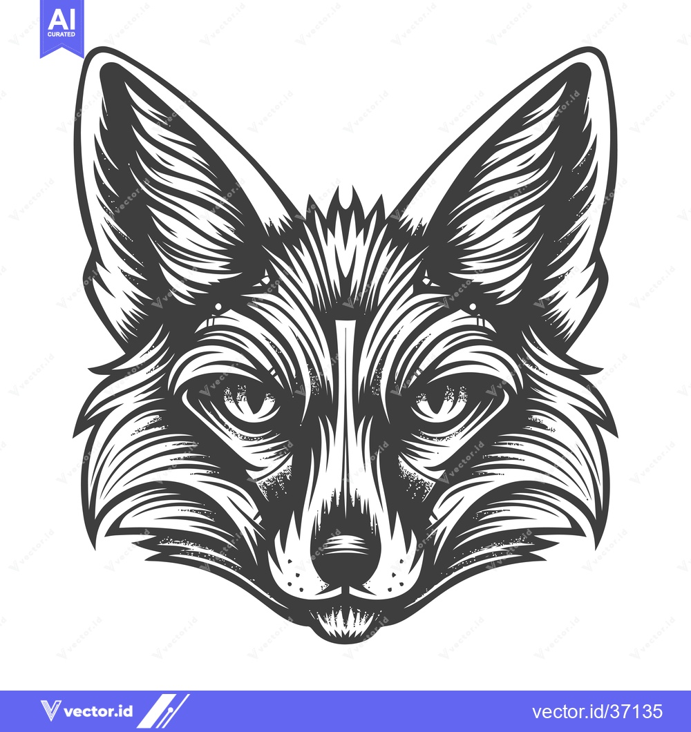 Premium Vector of Detailed Black and White Illustration of a Fox's Face