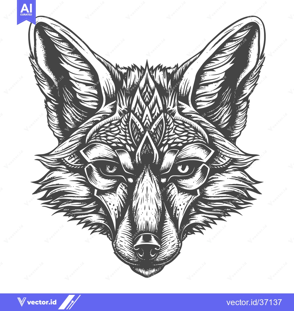 Premium Vector dari Detailed Black and White Illustration of a Fox's Head