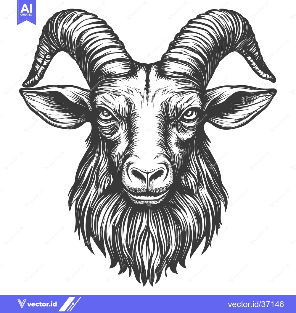 Premium Vector dari Detailed Black and White Illustration of a Goat Head with Horns