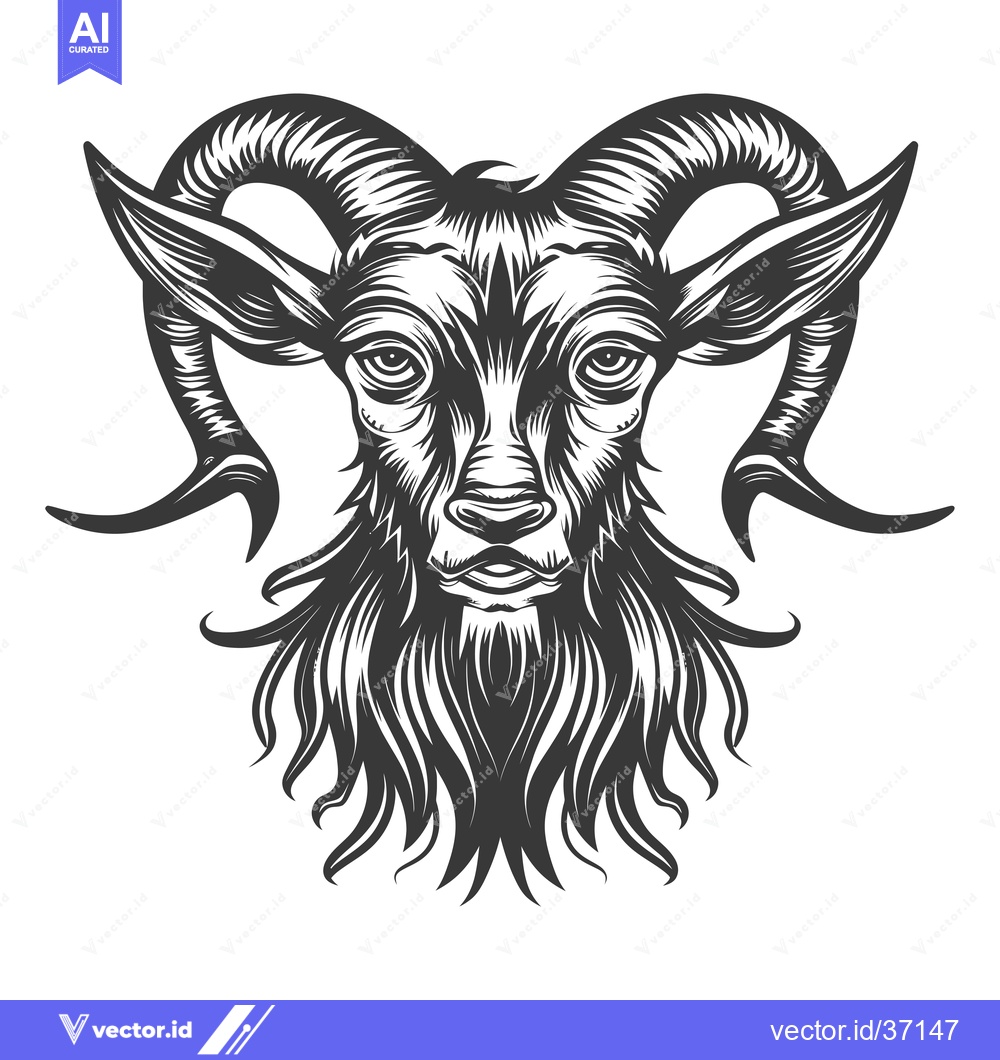 Premium Vector dari Detailed Black and White Illustration of a Goat's Head with Large Horn