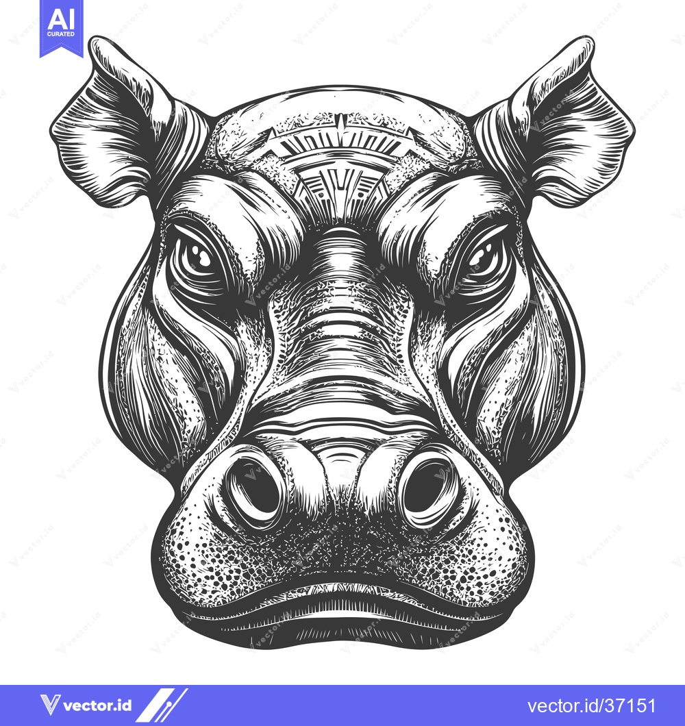 Premium Vector of Detailed Black and White Illustration of a Hippopotamus Head
