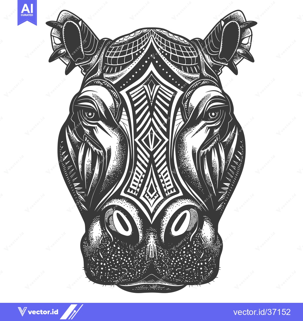 Premium Vector of Detailed Black and White Illustration of a Hippopotamus Head with Trib