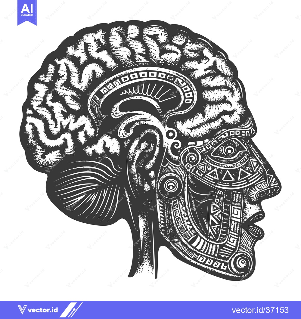 Premium Vector of Detailed Black and White Illustration of a Human Head with a Complex G