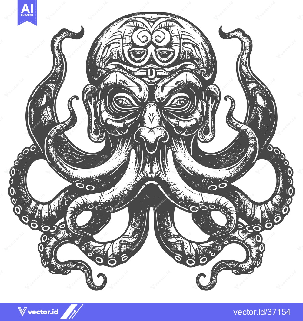 Premium Vector of Detailed Black and White Illustration of a Humanoid Octopus with Intri
