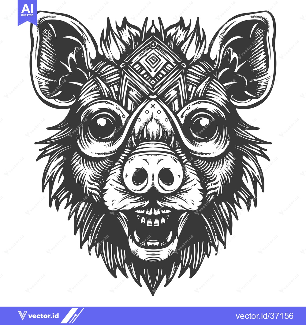 Premium Vector dari Detailed Black and White Illustration of a Hyena's Head with Tribal Ge