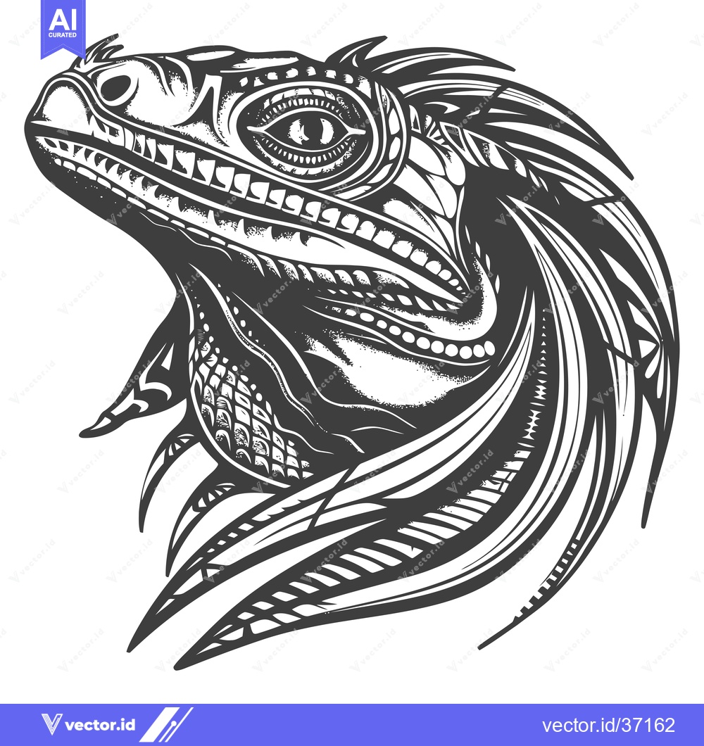 Premium Vector of Detailed Black and White Illustration of a Lizard's Head with Elaborat