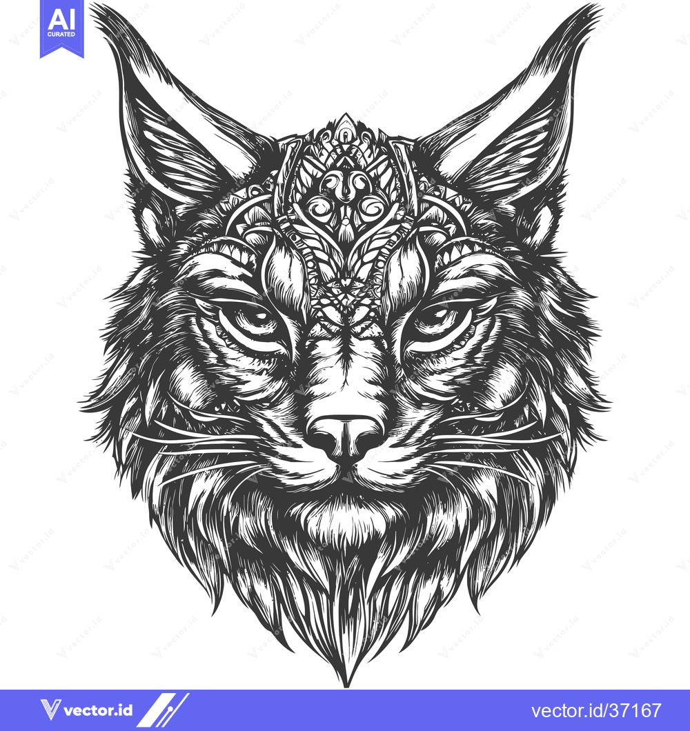 Premium Vector dari Detailed Black and White Illustration of a Lynx's Head with Ornate Hea