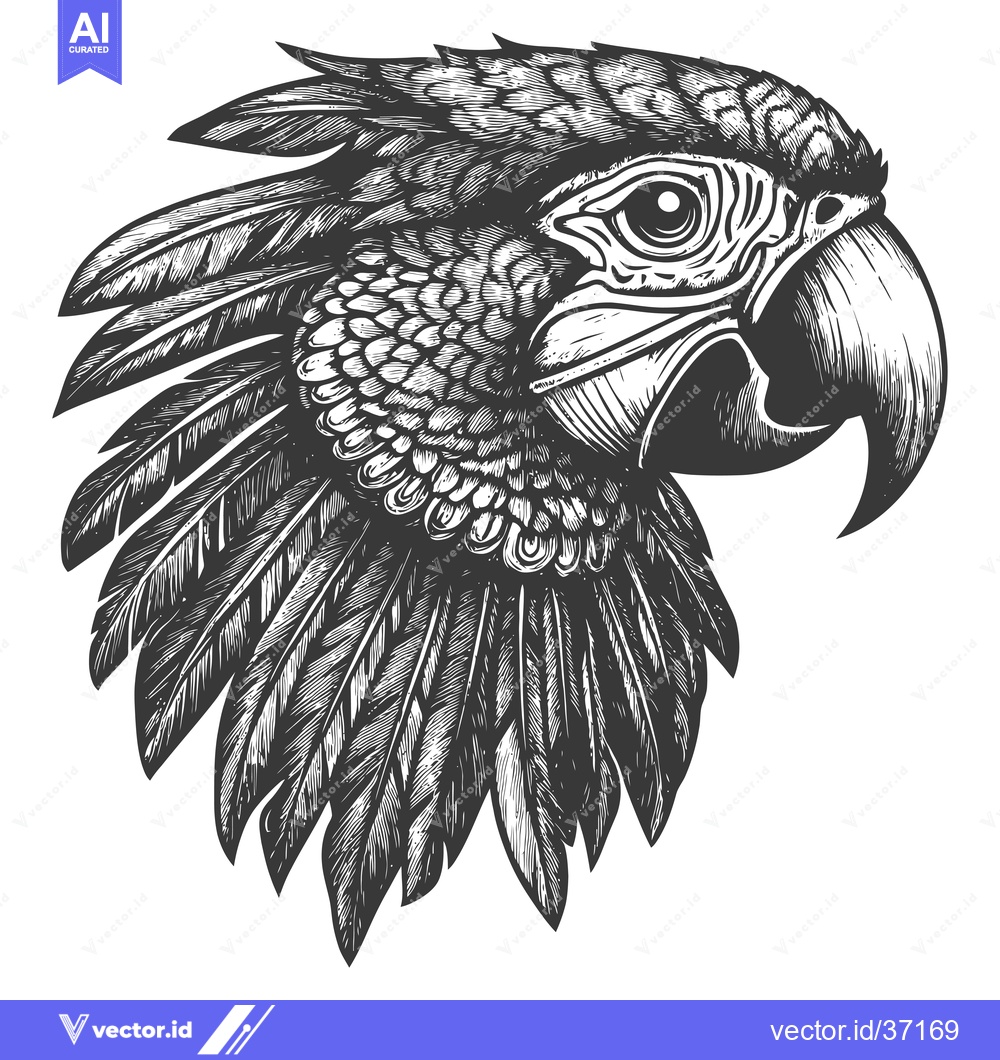 Premium Vector dari Detailed Black and White Illustration of a Macaw's Head