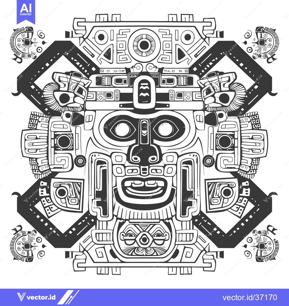 Premium Vector of Detailed Black and White Illustration of a Mayan Deity Mask