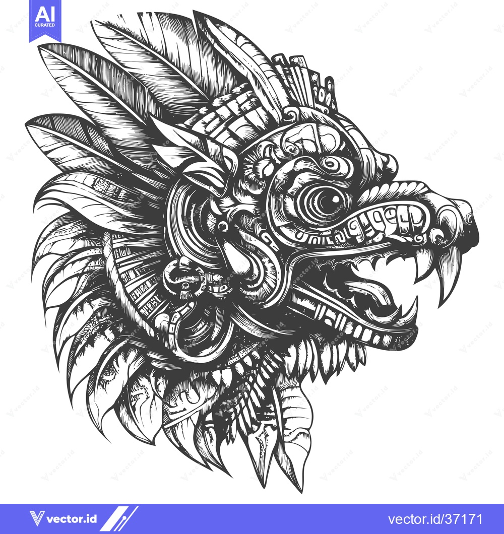 Premium Vector of Detailed black and white illustration of a Mayan feathered serpent hea