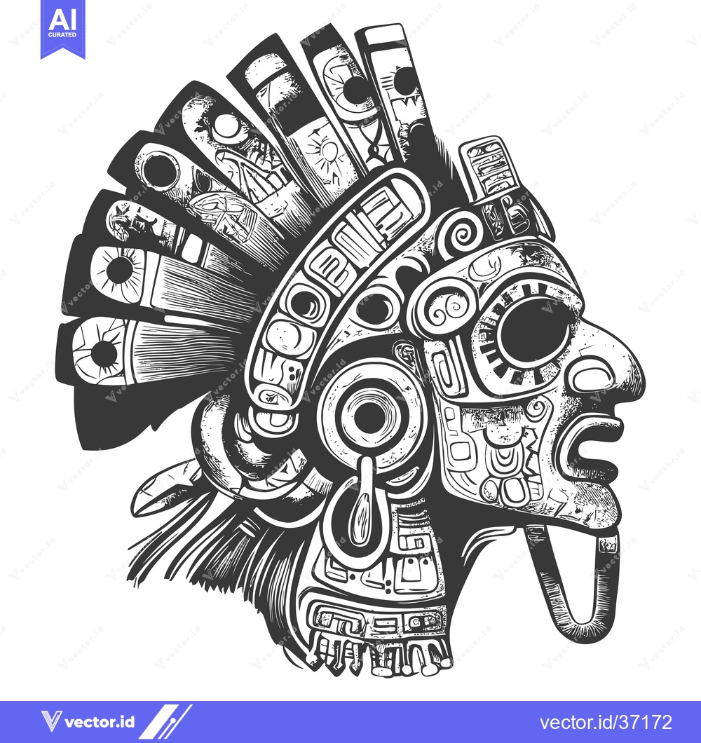 Premium Vector of Detailed Black and White Illustration of a Mayan Mask