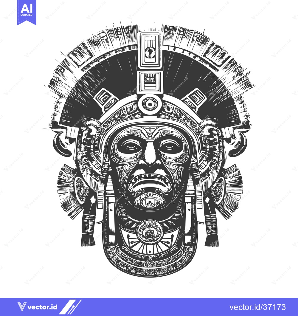 Premium Vector of Detailed Black and White Illustration of a Mayan Mask with Feathers an