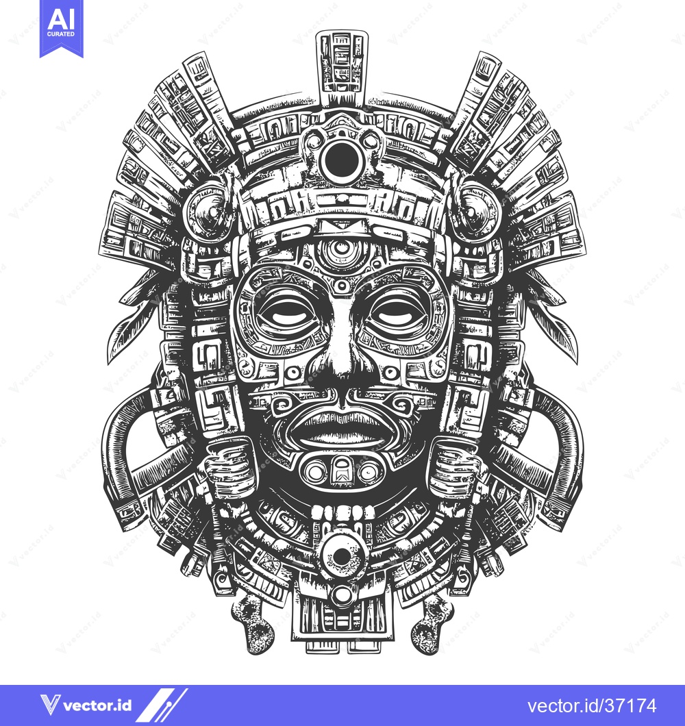 Premium Vector dari Detailed Black and White Illustration of a Mayan Mask with Intricate G