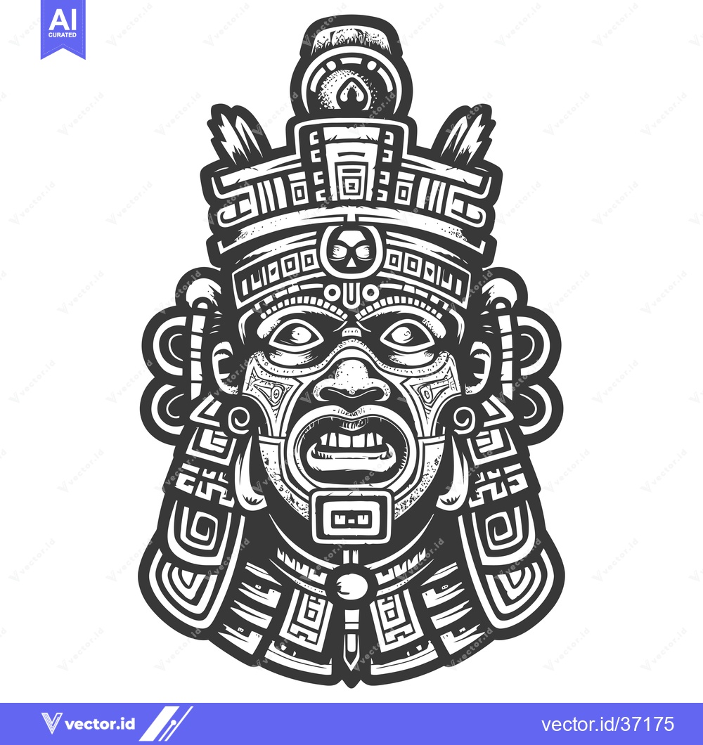 Premium Vector dari Detailed Black and White Illustration of a Mayan Mask with Intricate G