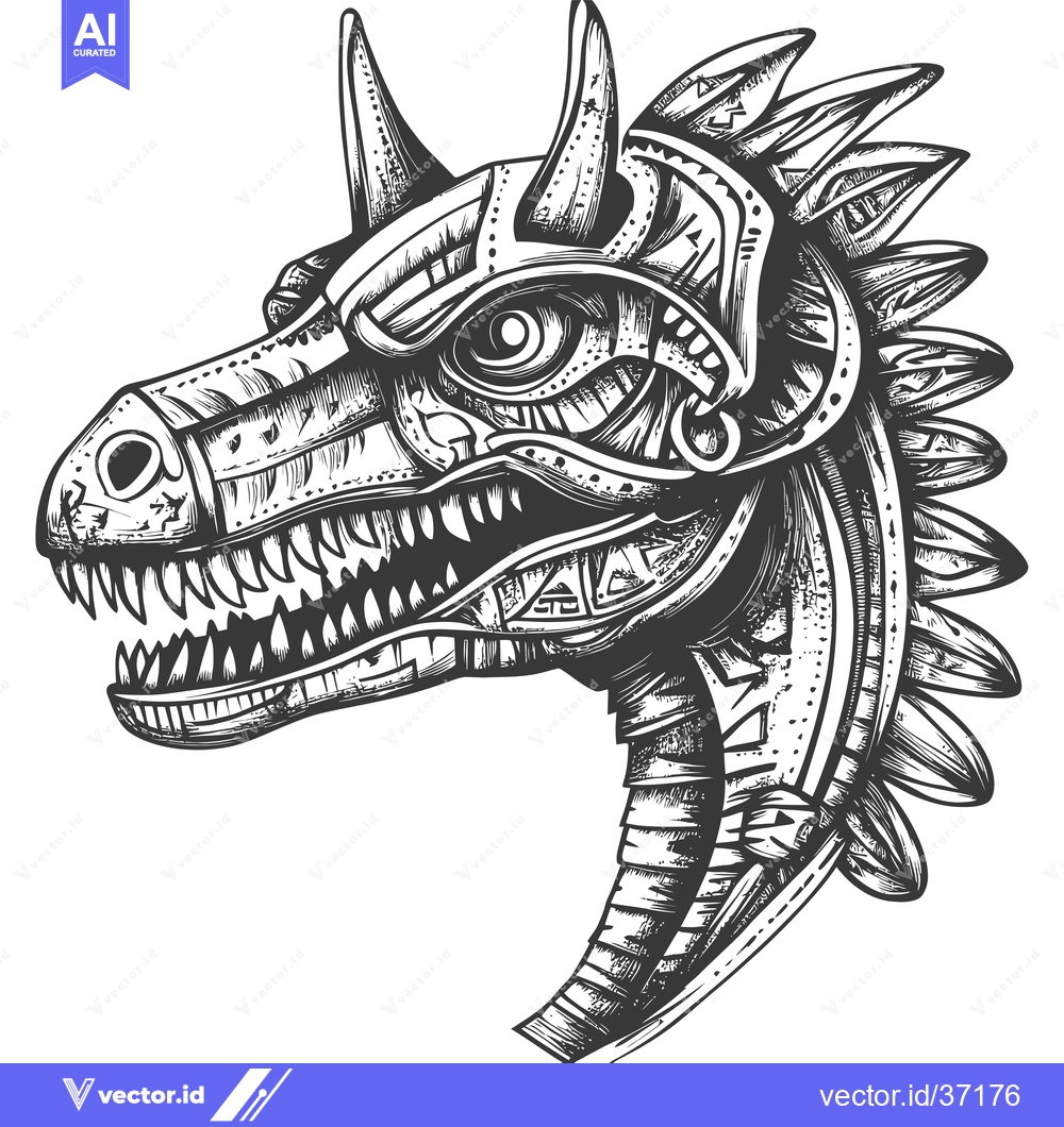 Premium Vector of Detailed Black and White Illustration of a Mechanical Dragon Head