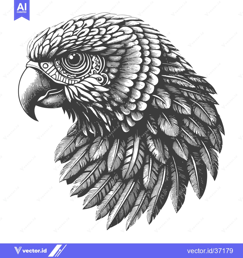 Premium Vector of Detailed Black and White Illustration of a Mechanical Parrot Head
