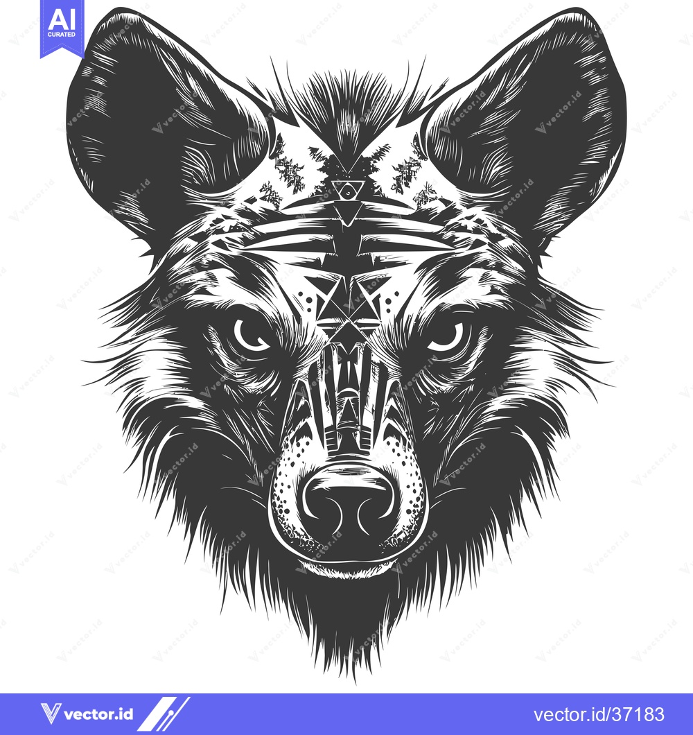 Premium Vector of Detailed black and white illustration of an African wild dog's head wi