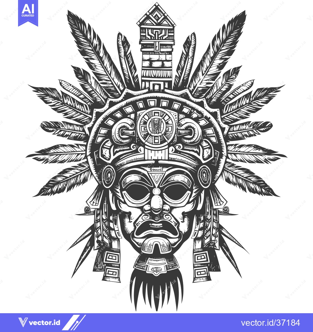 Premium Vector of Detailed Black and White Illustration of an Ancient Aztec Mask with Fe