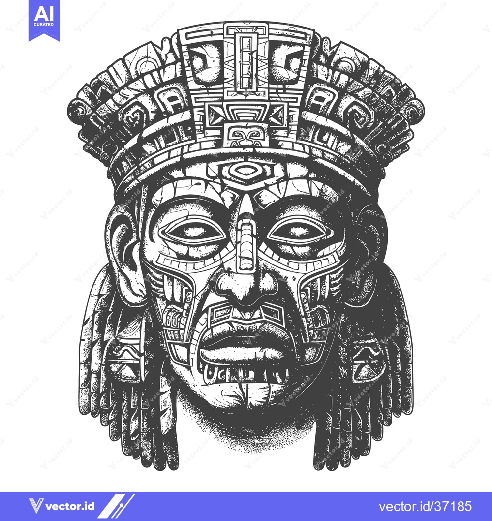 Premium Vector of Detailed Black and White Illustration of an Ancient Mayan Mask