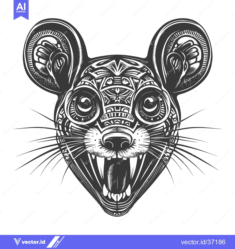 Premium Vector dari Detailed Black and White Illustration of an Angry Rat with Geometric P