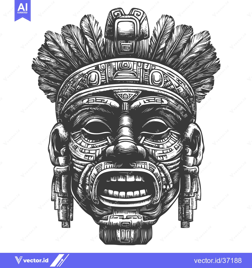 Premium Vector dari Detailed Black and White Illustration of an Aztec Mask