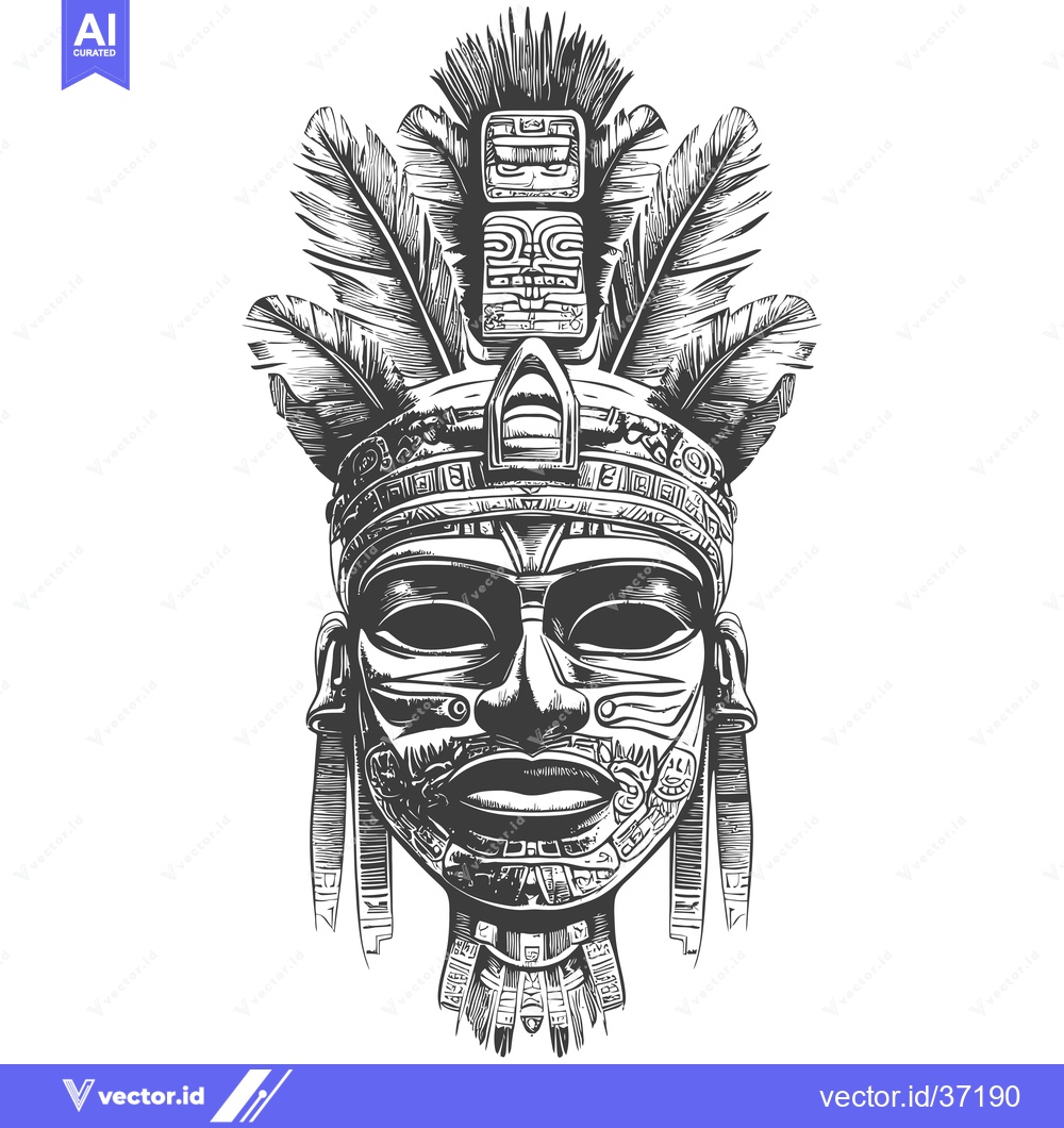 Premium Vector dari Detailed Black and White Illustration of an Aztec Mask with Feathers