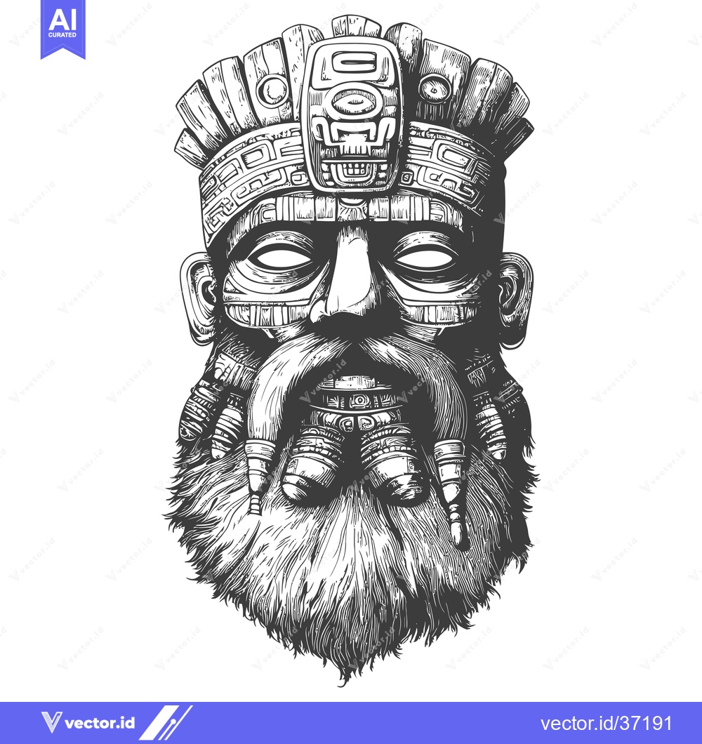 Premium Vector dari Detailed Black and White Illustration of an Aztec or Mayan Deity with