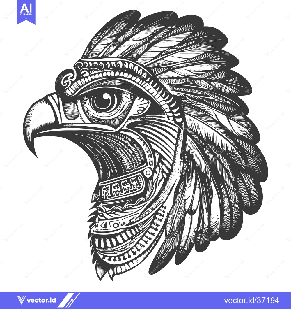 Premium Vector of Detailed Black and White Illustration of an Eagle's Head with Feathers