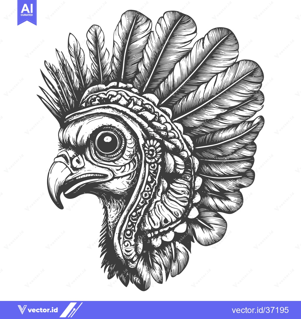 Premium Vector of Detailed Black and White Illustration of an Eagle's Head with Feathers