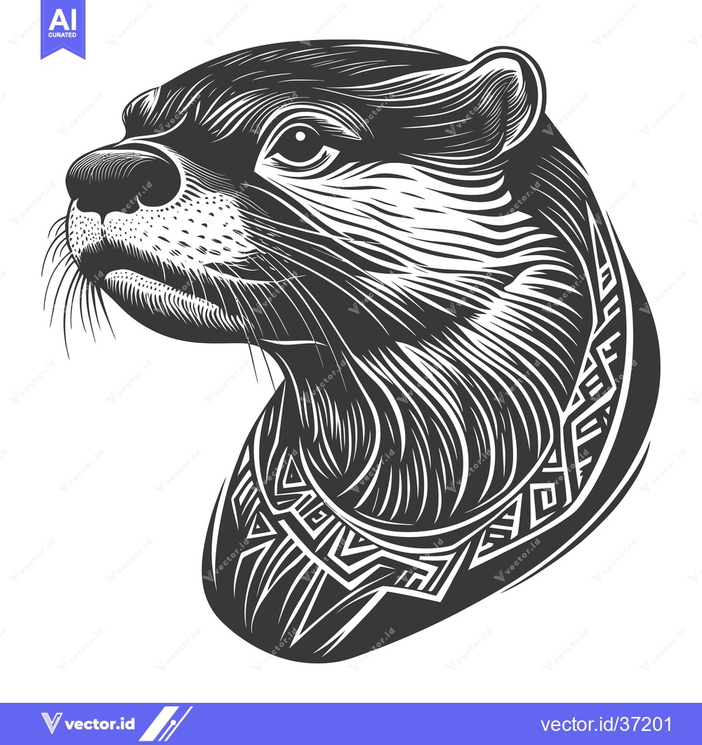 Premium Vector dari Detailed Black and White Illustration of an Otter Head with Tribal Pat