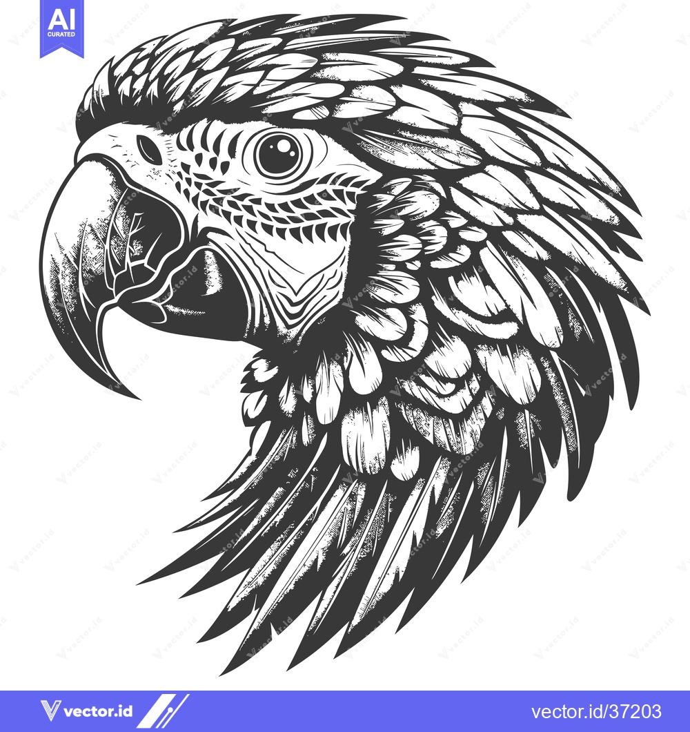 Premium Vector of Detailed Black and White Illustration of a Parrot's Head