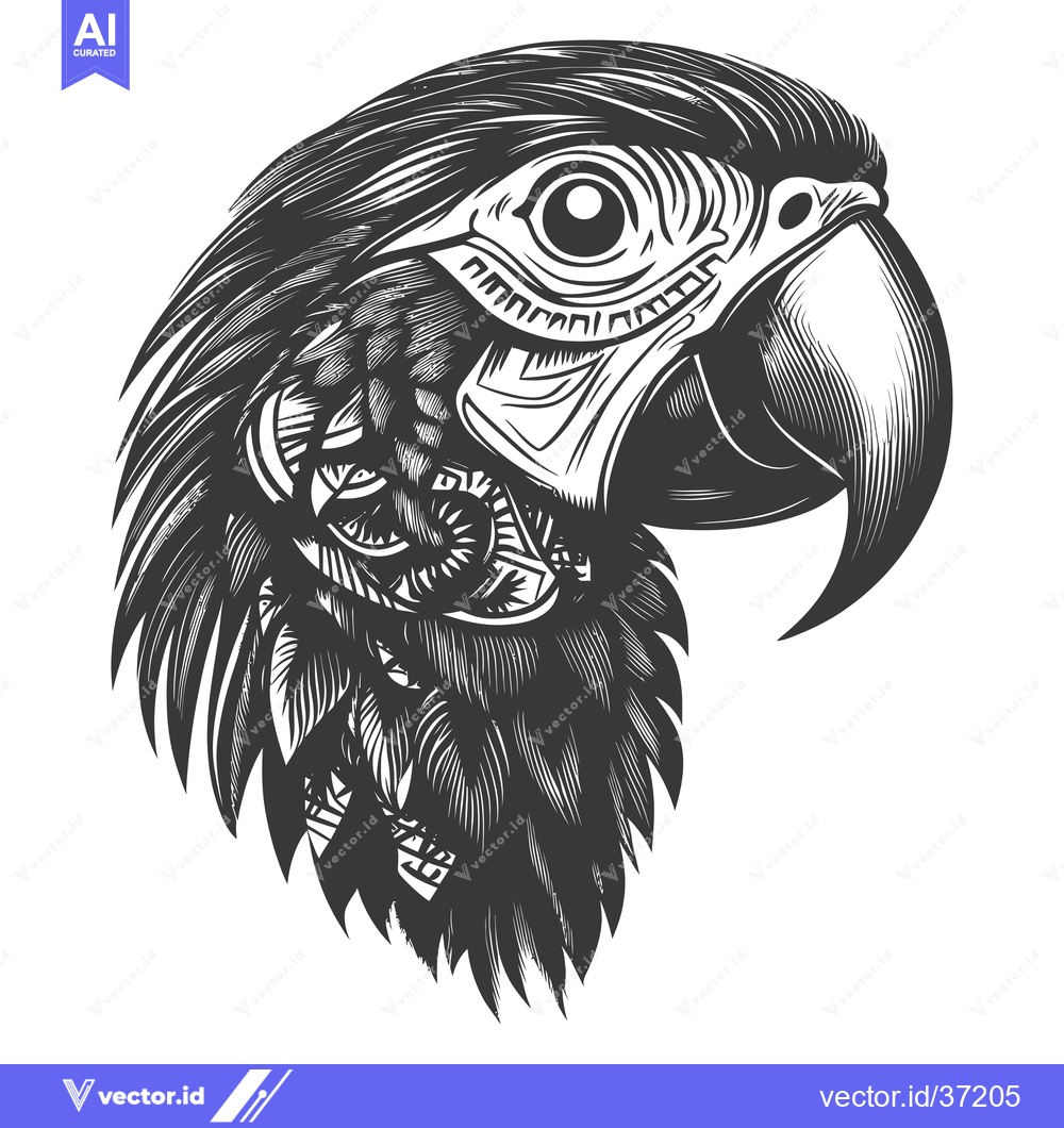 Premium Vector dari Detailed Black and White Illustration of a Parrot's Head