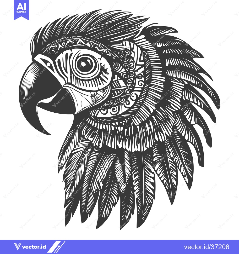 Premium Vector of Detailed Black and White Illustration of a Parrot's Head