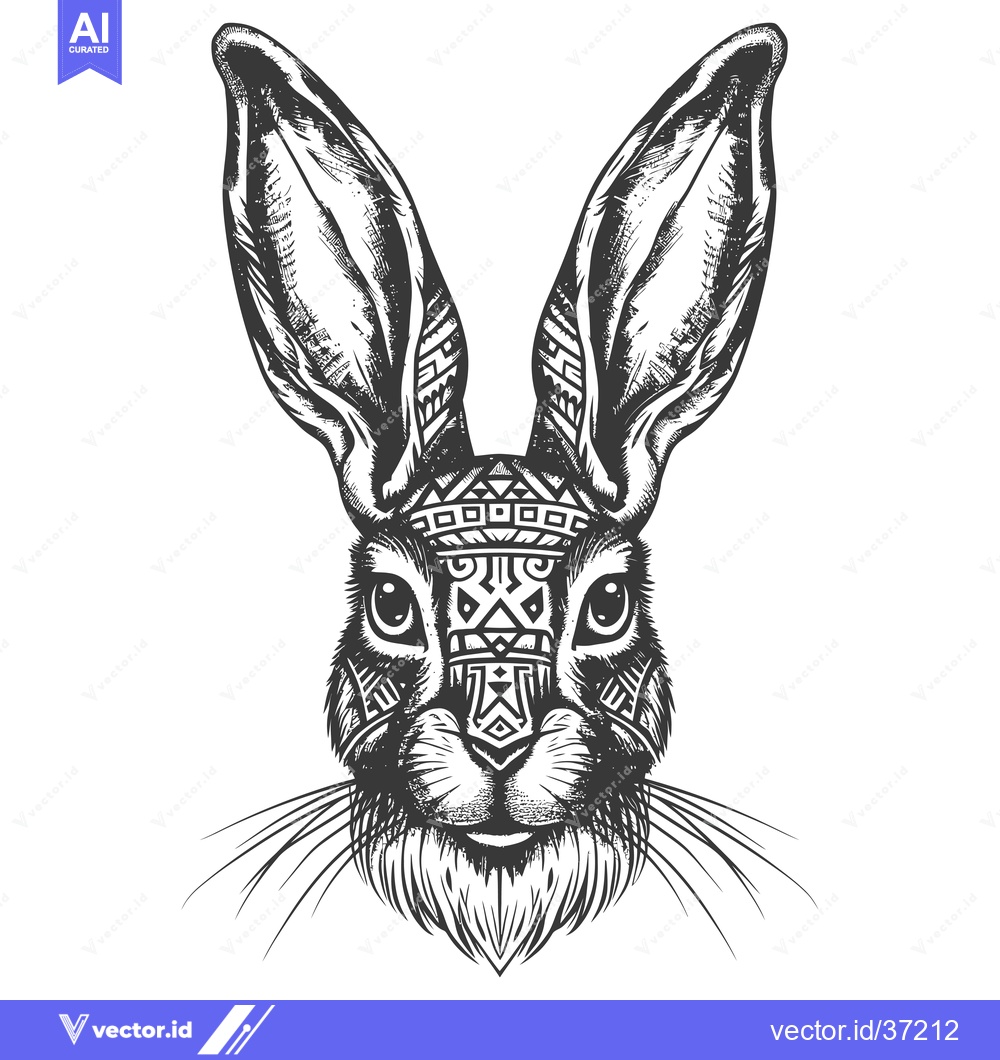 Premium Vector dari Detailed Black and White Illustration of a Rabbit's Face with Tribal P