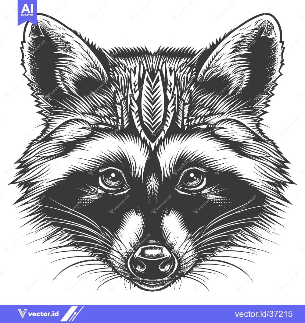 Premium Vector of Detailed Black and White Illustration of a Raccoon's Face