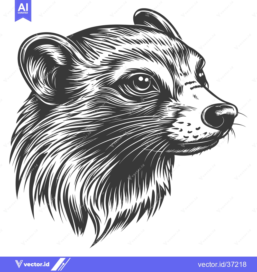Premium Vector of Detailed Black and White Illustration of a Raccoon's Head