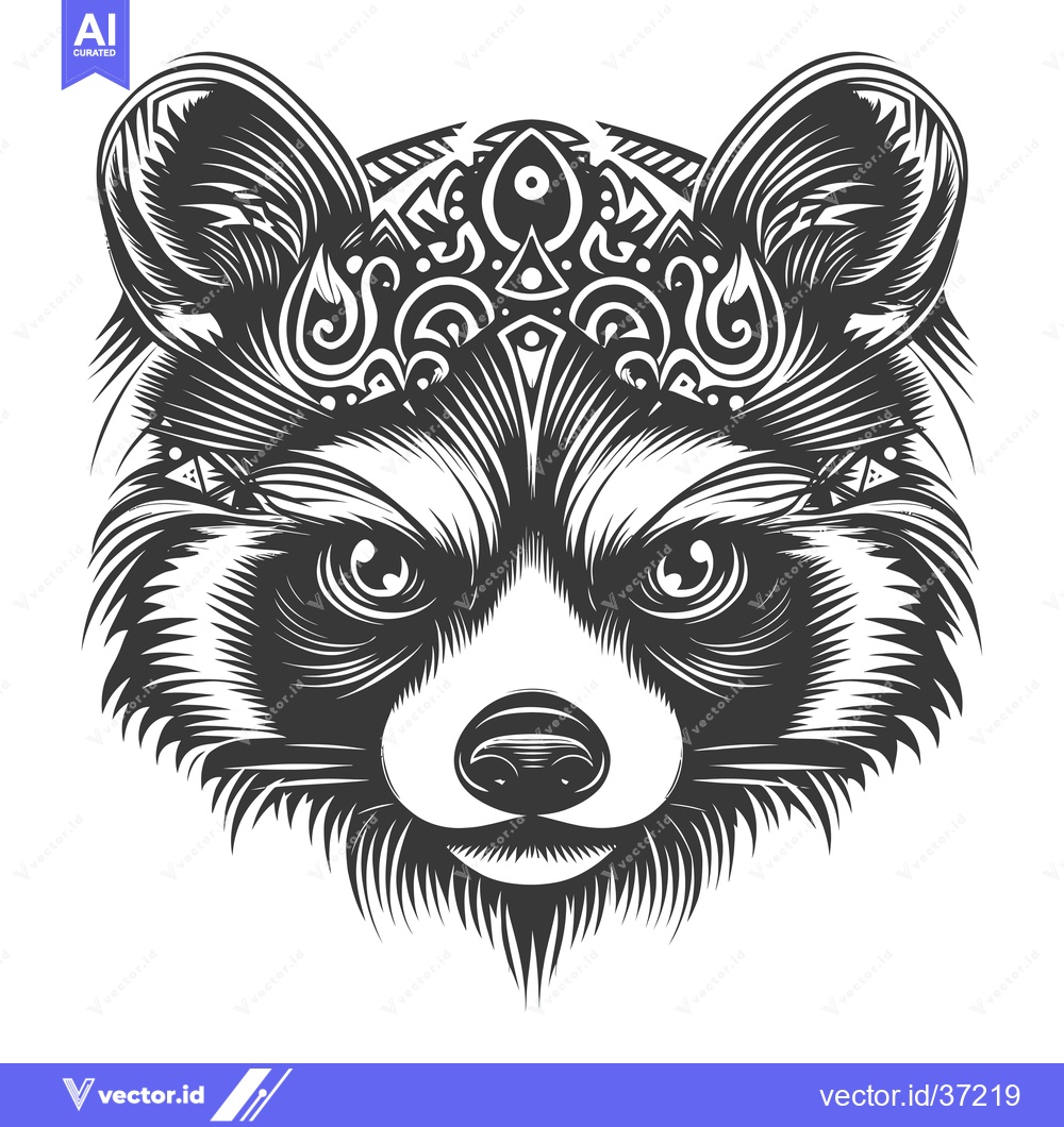 Premium Vector of Detailed black and white illustration of a raccoon's head with an orna