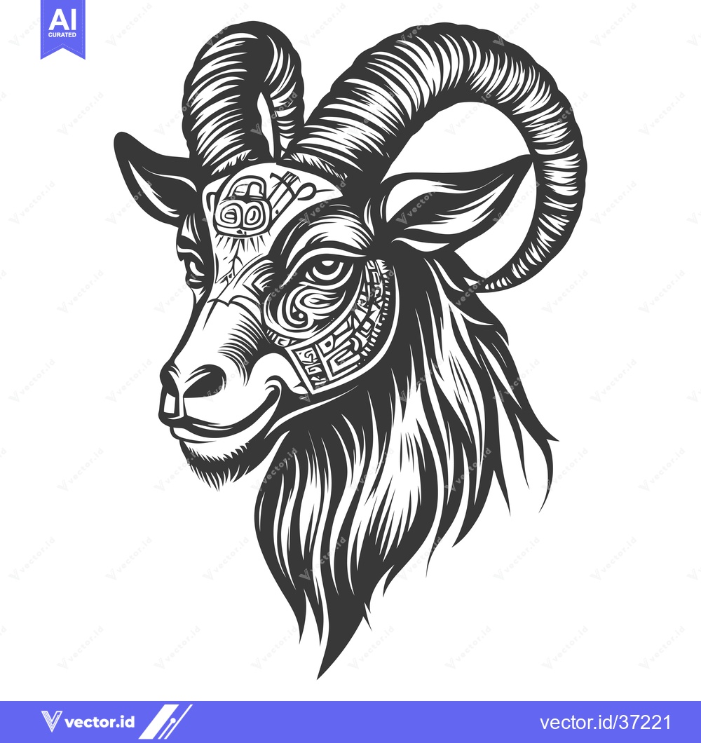 Premium Vector dari Detailed Black and White Illustration of a Ram's Head with Tribal Desi