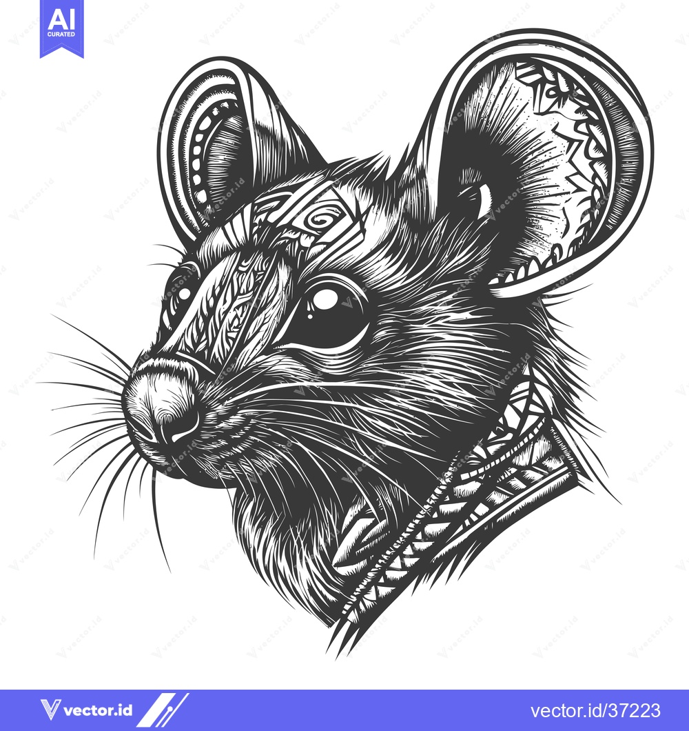 Premium Vector of Detailed Black and White Illustration of a Rat's Head