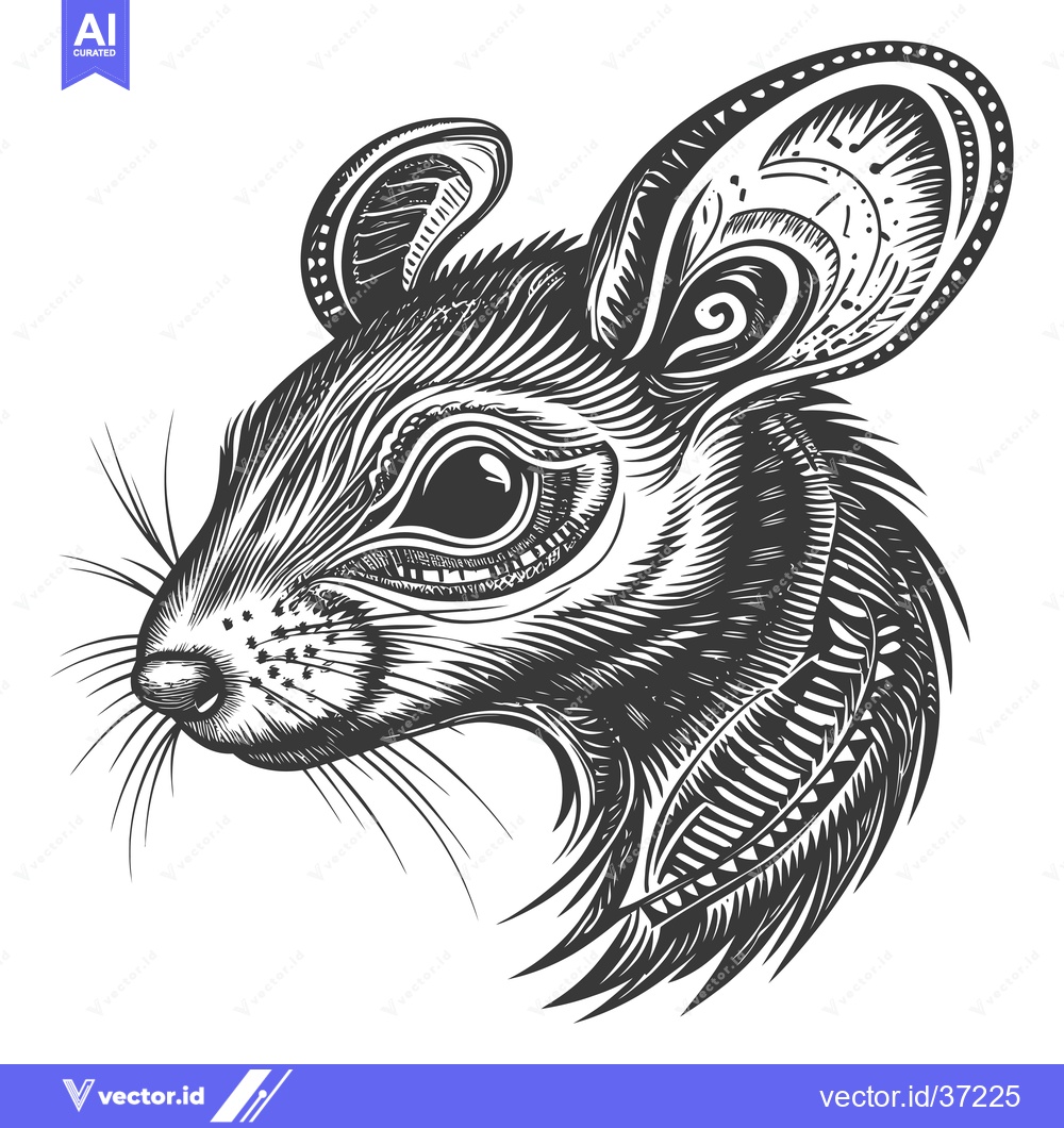 Premium Vector of Detailed black and white illustration of a rat's head with a patterned