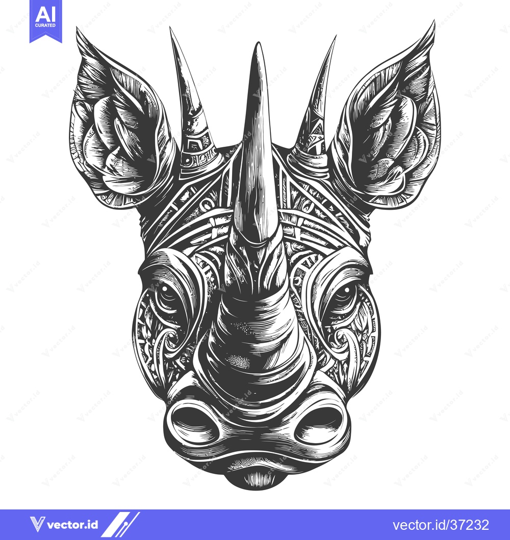 Premium Vector dari Detailed Black and White Illustration of a Rhinoceros Head with Ornate