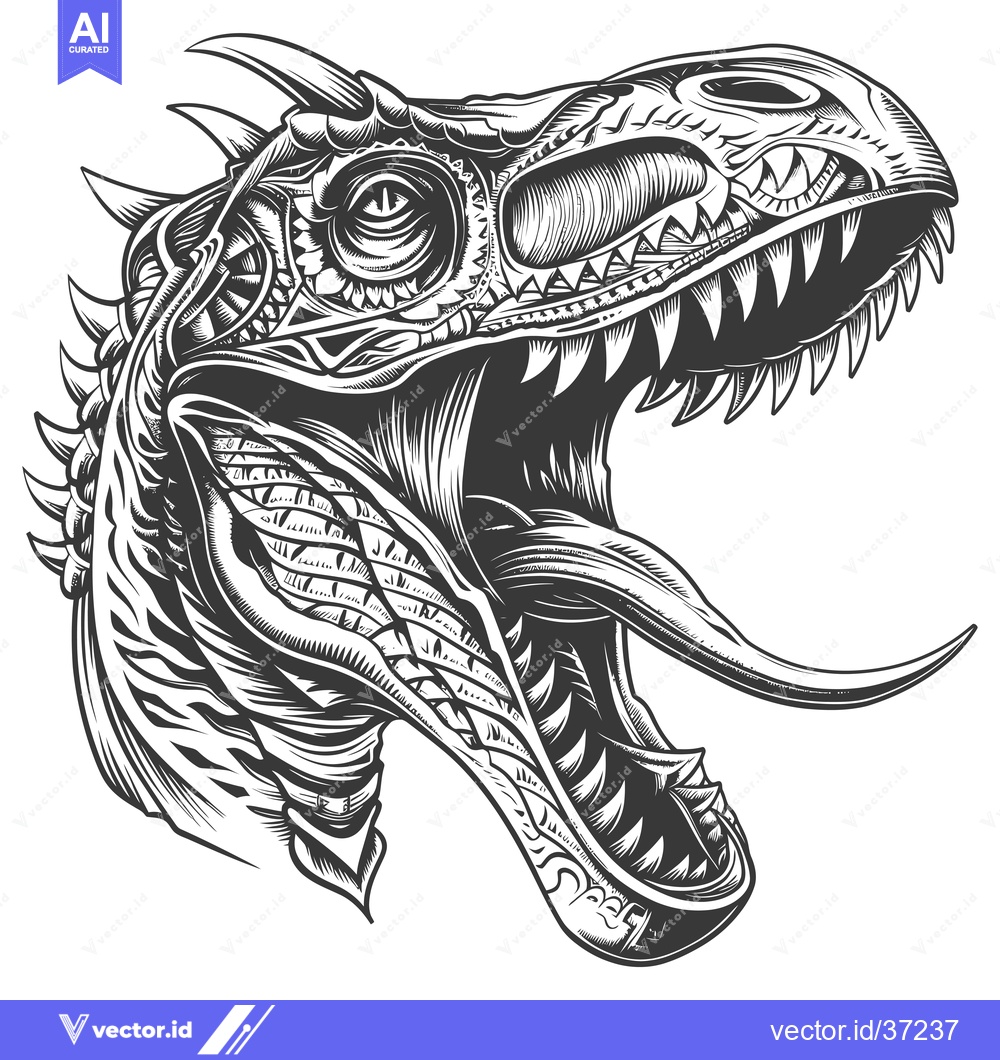 Premium Vector dari Detailed Black and White Illustration of a Roaring Dinosaur Head
